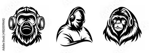 Three stylish monkeys wearing headphones and masks creating unique music streaming art