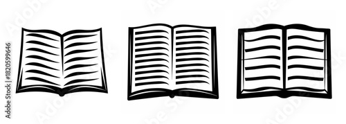 Three stylized open books symbols featuring lined pages for reading education and literature concepts