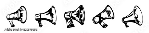 Collection of five abstract hand-drawn megaphone icons representing communication and announcements