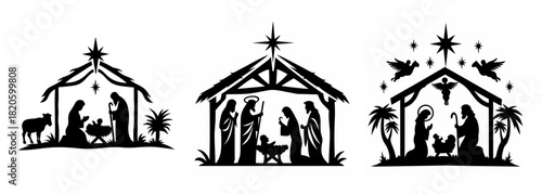 Three silhouette nativity scene designs featuring stable jesus mary joseph animals star and angels