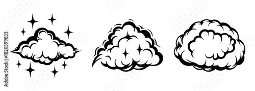 Three hand drawn cloud icons with stars suitable for weather forecasts and artistic designs