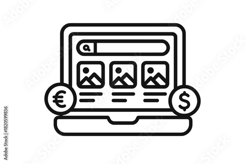Laptop screen displaying image search results and global currency symbols for digital asset sales