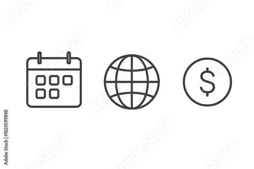 Business and finance symbols including calendar, global network, and currency signs