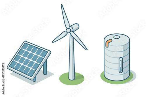 Sustainable energy generation system with solar panels, wind turbine, and storage tank