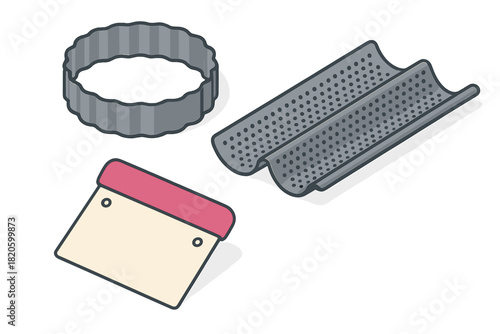 Baking tools set including dough scraper, cookie cutter, and baguette pan