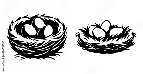 Two rustic bird nests each holding several oval shaped eggs detailed twig construction