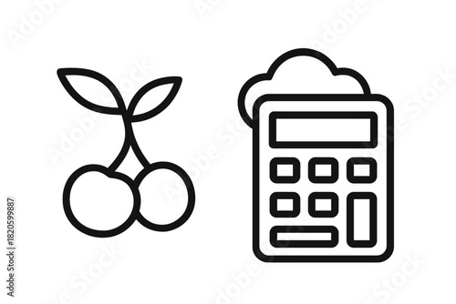 Outline icons of cherries and cloud computing calculator for digital interface design