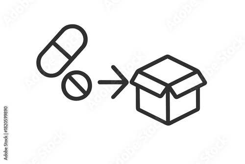 Medication pills moving through the pharmaceutical supply chain towards a shipping box