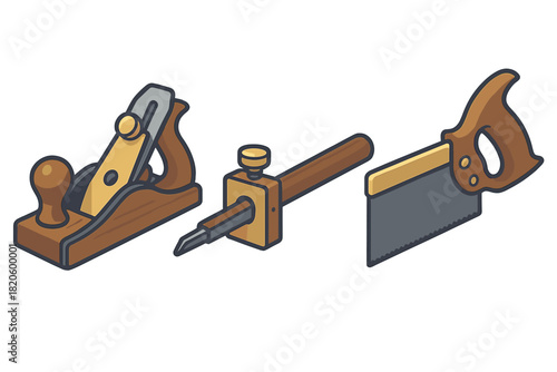 Set of classic carpentry hand tools: wood plane, marking gauge, and handsaw