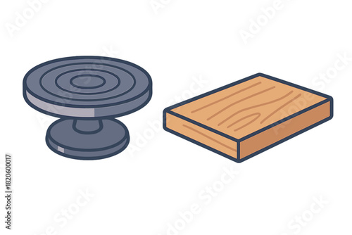 Pottery wheel turntable and rectangular wooden block set in isometric view