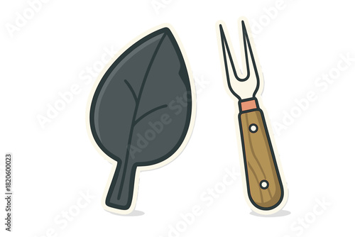 Stylized dark green leaf and carving fork sticker set for cooking or gardening
