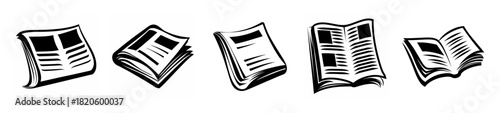 Set of five distinct newspaper icons showing front pages with text and headlines in black and white art