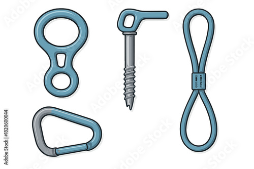 Climbing safety gear set with figure eight descender, carabiner, ice screw, and sling