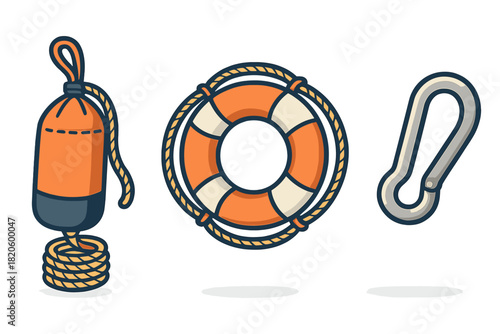 Essential marine safety gear set featuring a lifebuoy, fender, and metal carabiner hook