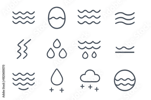 Minimalist set of outline icons depicting various water elements and weather phenomena