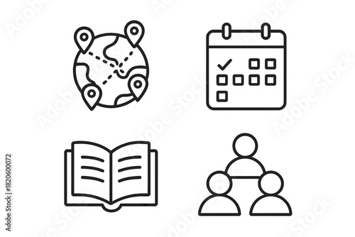 Global Network, Scheduling, Education, and Team Organization Icons for Business Concepts