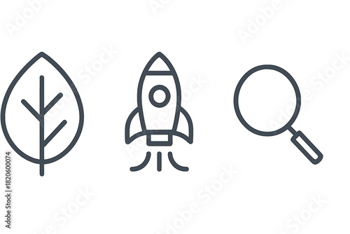 Leaf, launching rocket, and magnifying glass for business and ecology concepts