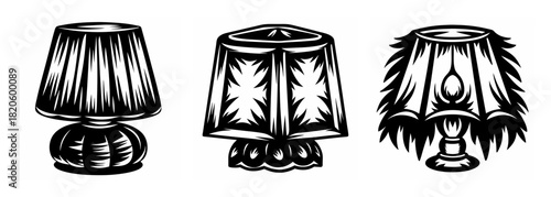 Three vintage night lights with decorative shades and ornate bases in a sketch style