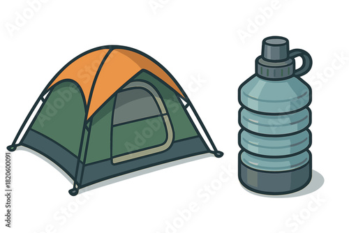 Dome tent and large reusable water bottle representing essential camping equipment for outdoor adventures