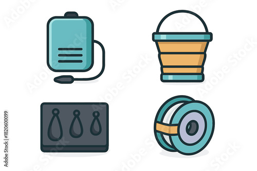 Outdoor adventure gear set with portable shower, collapsible bucket, teardrop mold, and rope spool