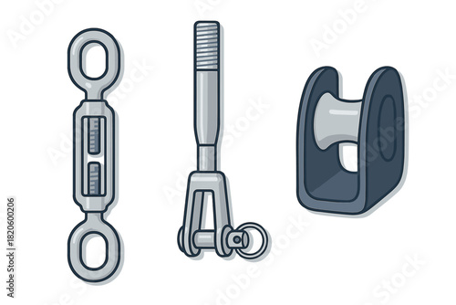 Rigging hardware components set featuring a turnbuckle, clevis pin, and fairlead block