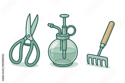 Set of essential gardening tools including pruning shears, a glass spray bottle, and a small hand rake