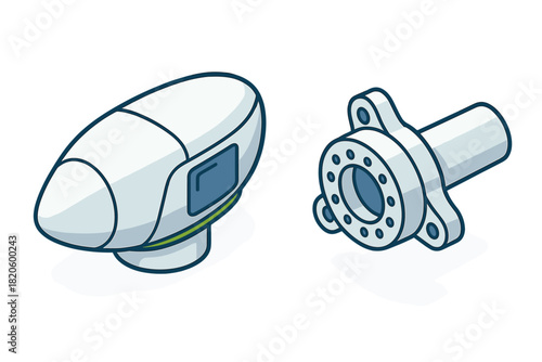 Isometric representation of two modern industrial components: sensor housing and flange assembly part