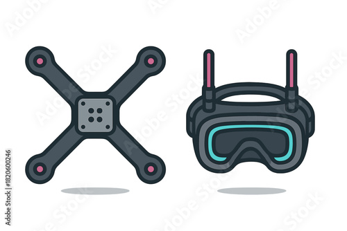 FPV drone racing equipment including a quadcopter frame and virtual reality goggles