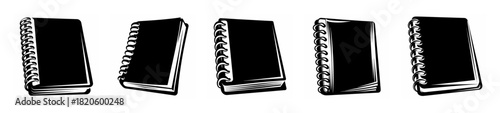 Five dark spiral notebooks displayed side by side each with a black cover and visible spiral binding