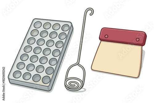 Baking utensils set including mini muffin tray, dough whisk, and bench scraper