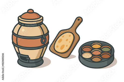 Traditional Indian cooking equipment set featuring Tandoor oven, Naan paddle, and spice container