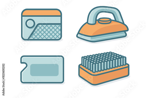 Set of household cleaning and laundry equipment featuring iron, brush, and detergent box