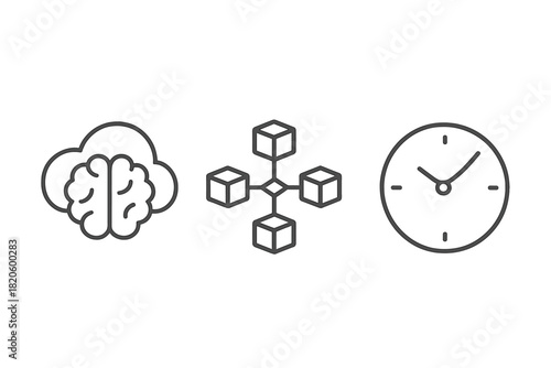 Brain cloud, distributed data network, and clock symbols for business concepts