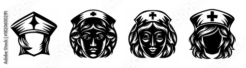 Vintage nurse cap icons set featuring cross emblem nurse hats and female faces stylized artwork