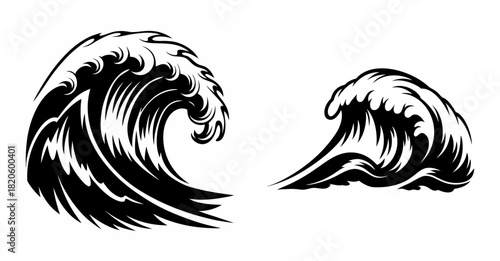 Dramatic black and white ocean waves crashing dynamic sea swells in detailed artistic rendering