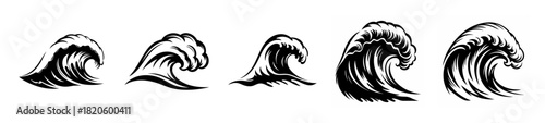 Collection of five stylized black and white ocean waves crashing dynamic water motion artistic rendering