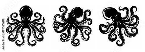 Three artistic black octopus silhouettes spread their tentacles in a dynamic underwater display creating captivating marine art.