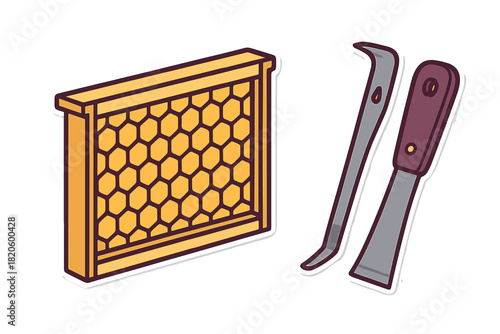 Wooden frame filled with golden honeycomb cells and professional beekeeping tools