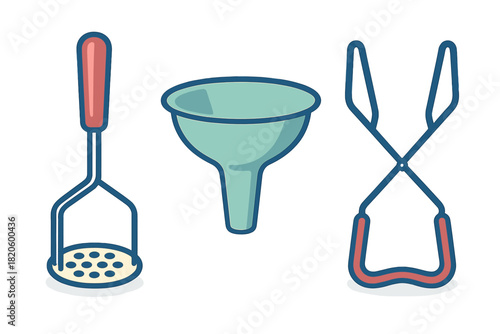 Set of essential kitchen utensils including potato masher, pouring funnel, and serving tongs