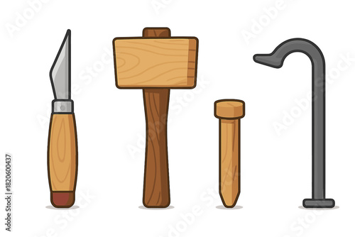 Essential woodworking tools set including carving knife, wooden mallet, dowel, and crowbar