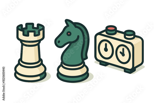 Strategic board game equipment with a rook, knight, and dual face chess clock