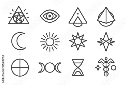 Minimalist set of esoteric symbols including the all-seeing eye, pentagram, sun, and triple moon