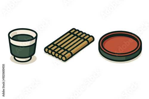 Isometric set of traditional Asian dining elements including tea cup, bamboo mat, and serving plate