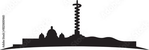 Black silhouette of city skyline with unique tower and domes on transparent backdrop