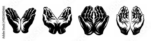 Four dynamic black and white hand gestures offering support open palms receiving caring giving hope