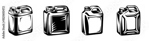 Four sketch style metal oil cans featuring handles and lids ideal for automotive or industrial imagery