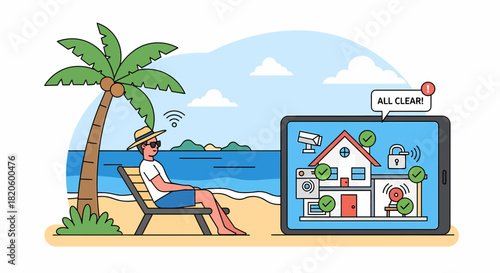 Smart Home Security Monitoring From Tropical Holiday Beach Vacation