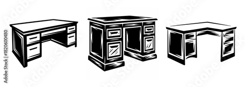 Vintage sketch style collection of three office desks including straight and corner designs