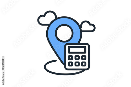 Map marker pin with calculator and clouds icon for travel cost estimation and distance calculation