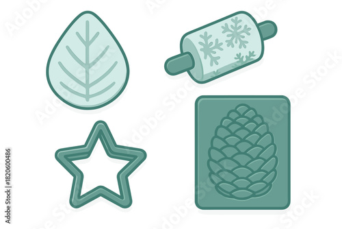 Winter holiday baking tools set with cookie cutters and snowflake rolling pin